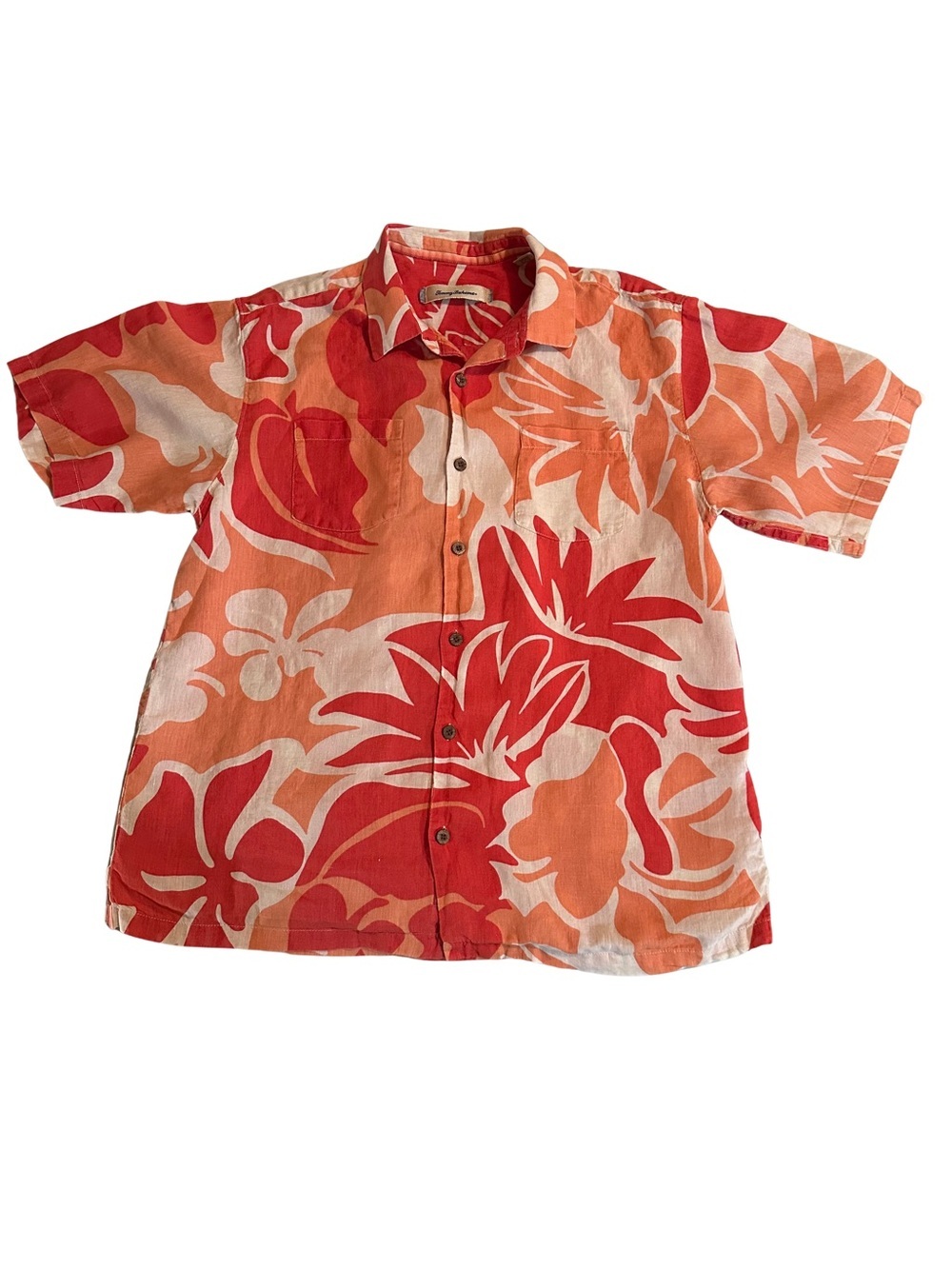 Tommy Bahama Men’s 100% Linen Floral Camp button up Coral Orange Large